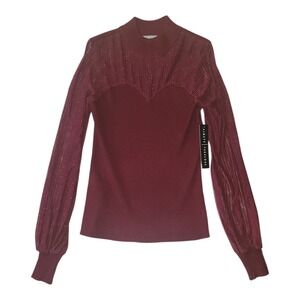 Absolutely Famous Top NWT M Medium Red Sheer Long Sleeve Glitter Mock Neck
